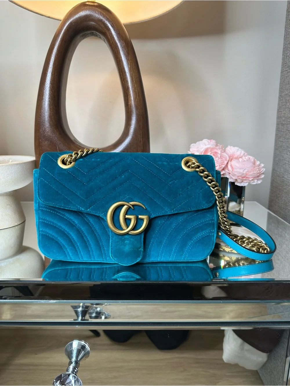 Small Gucci Teal Velvet GG Marmont Shoulder Bag with Gold Hardware - Picture 1 of 12